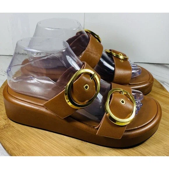 ZARA BUCKLED LEATHER WEDGE SANDALS BROWN SIZE 6.5 - Picture 4 of 8